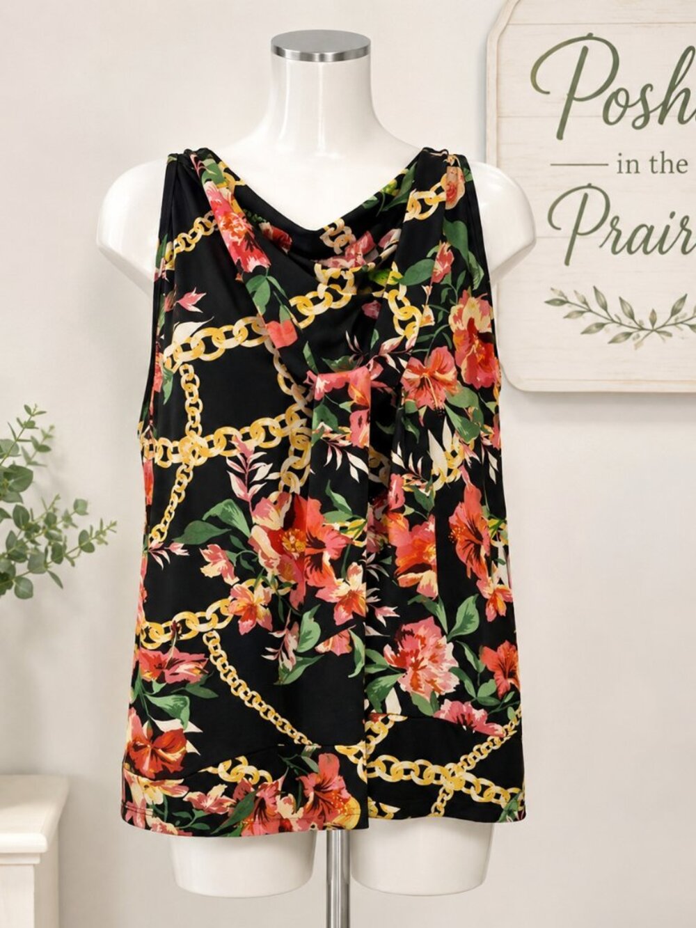 4 for $25 🌺 Ricki's Black Floral Chain Print Cowl Neck Sleeveless Blouse | XXL